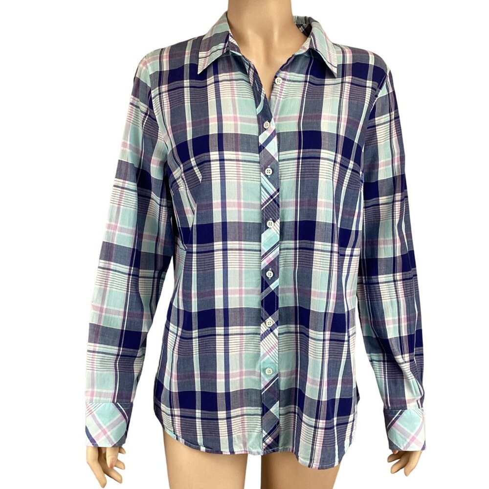 Talbots Top Size Medium Plaid‎ Button-Down Classic Cotton Shirt Blue & Green